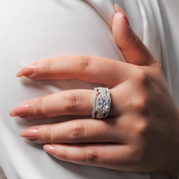 Princess Cut CZ Halo Engagement Ring for Women 925 Silver 14k Gold Plated - Picture 6 of 9